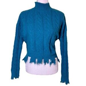 Women’s Teal Cable Knit Cropped Distressed Sweater Soft Grunge Frayed Hem Sz Med